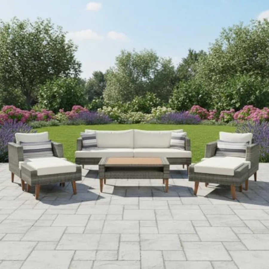 6-Piece All Weather PE Wicker Sofa Set, Outdoor Rattan Sofas with Double Cushions, Wood Legs and Table Top, Sturdy Patio Conver
6-Piece All Weather PE Wicker Sofa Set, Outdoor Rattan Sofas with Double Cushions, Wood Legs and Table Top, Sturdy Patio Conver