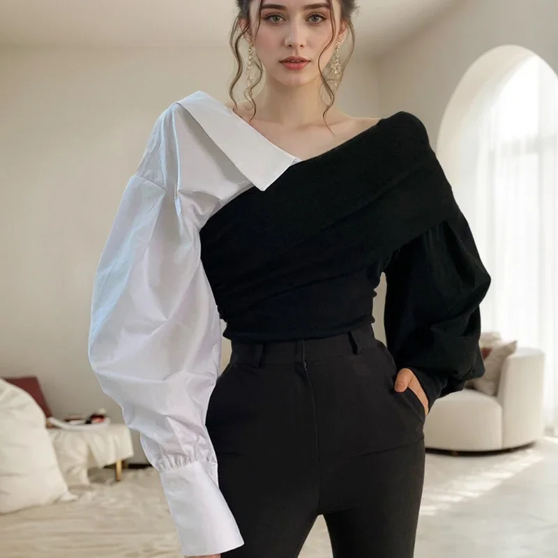 Elegant Sweet Women's Blouses Vintage Hit Color Knitted Patchwork Shirt Asymmetrical Neck Lantern Sleeves Slim Blouses Tees
Elegant Sweet Women's Blouses Vintage Hit Color Knitted Patchwork Shirt Asymmetrical Neck Lantern Sleeves Slim Blouses Tees
