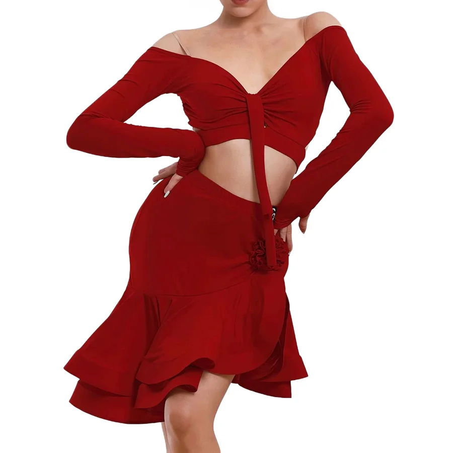 Girls Latin Dance Practice Dress Set Long Sleeve Backless Crop Top + Ruffle Skirt with Flower Decoration
Girls Latin Dance Practice Dress Set Long Sleeve Backless Crop Top + Ruffle Skirt with Flower Decoration