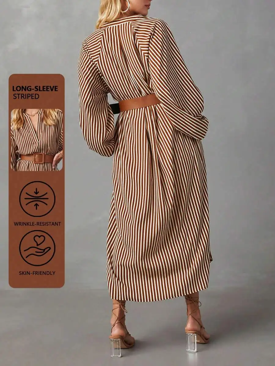 Women’s Vertical Stripe Midi Dress – V-Neck, Long Lantern Sleeve, A-Line Cut, Belted Waist, Wrinkle-Resistant & Skin-Friendly
Women’s Vertical Stripe Midi Dress – V-Neck, Long Lantern Sleeve, A-Line Cut, Belted Waist, Wrinkle-Resistant & Skin-Friendly