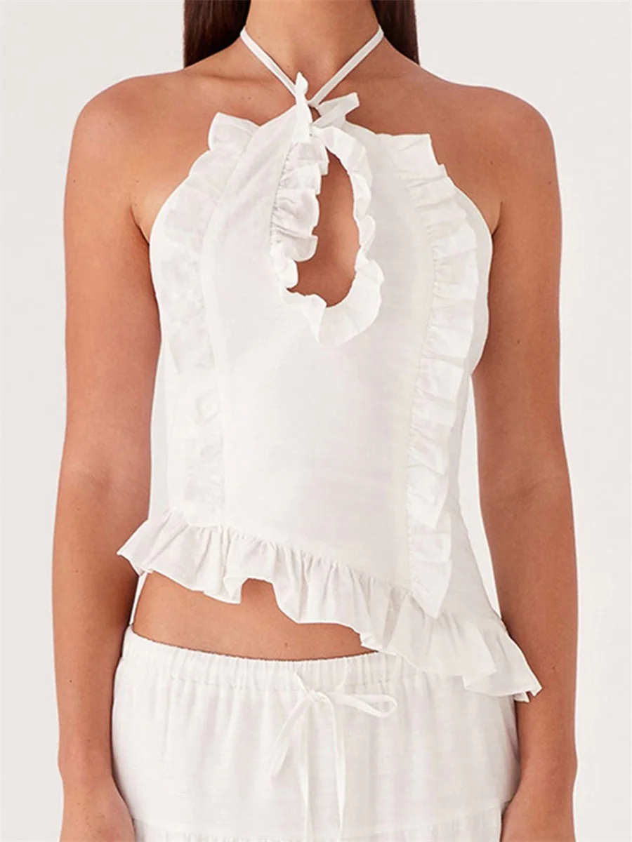 Women Halter Top Tie-up Sleeveless Tops Backless Hollowed Ruffled Summer Vest for Club Party
Women Halter Top Tie-up Sleeveless Tops Backless Hollowed Ruffled Summer Vest for Club Party