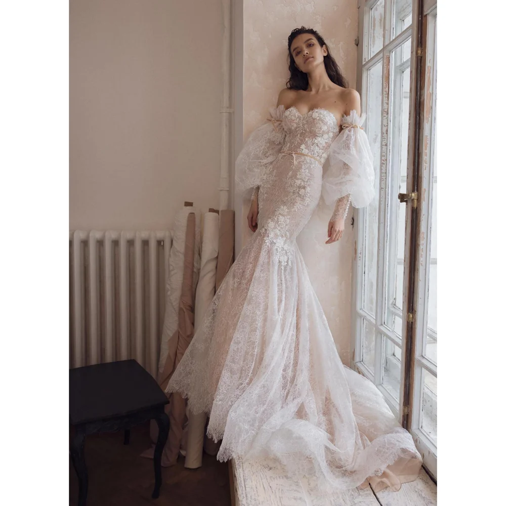 Exquisite Lace Appliques Wedding Dresses Fashion Strapless Lantern Sleeves Mermaid Gowns Vestidos De Novia Bride Dresses
Exquisite Lace Appliques Wedding Dresses Fashion Strapless Lantern Sleeves Mermaid Gowns Vestidos De Novia Bride Dresses