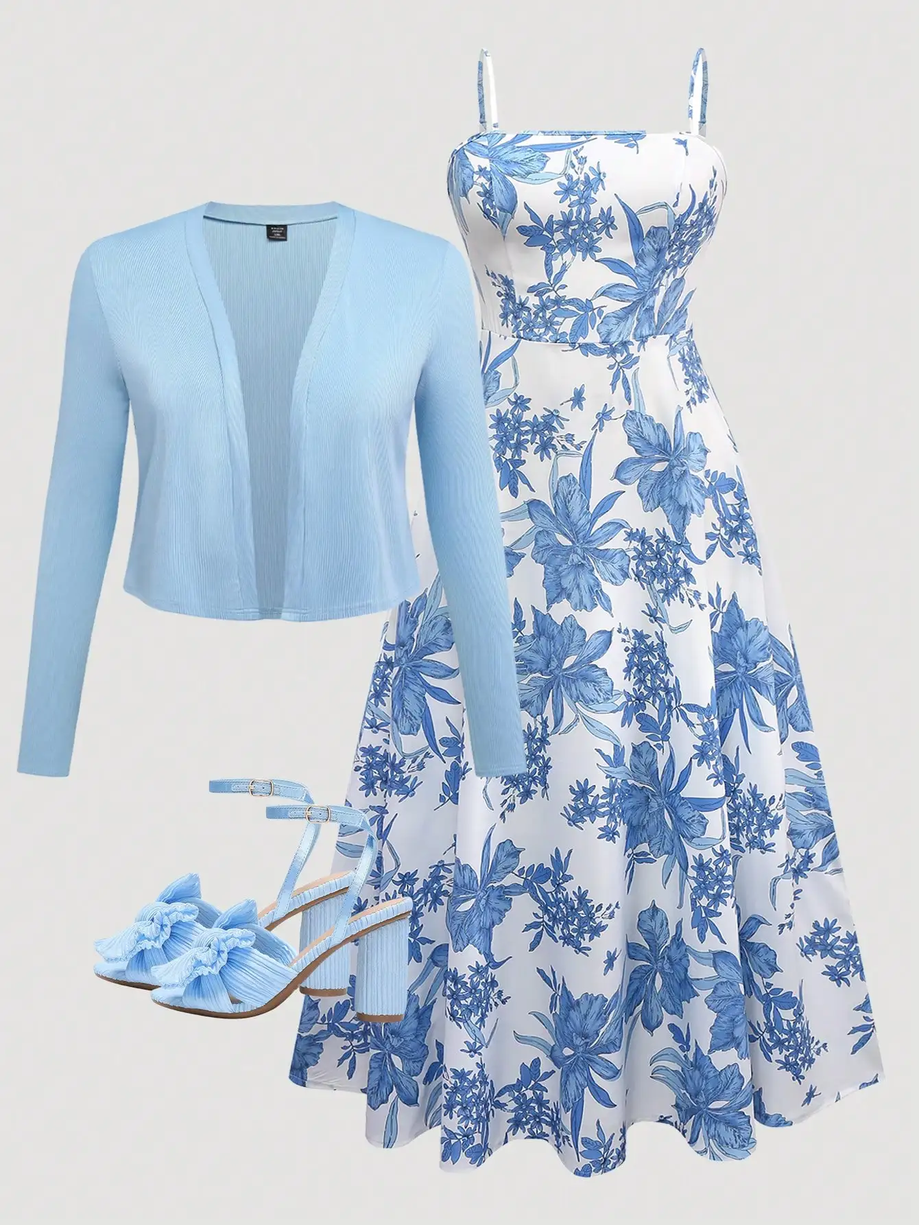 Women's 2-Piece Set: Light Blue Ribbed Cardigan & White Blue Floral Print A-Line Dress
Women's 2-Piece Set: Light Blue Ribbed Cardigan & White Blue Floral Print A-Line Dress