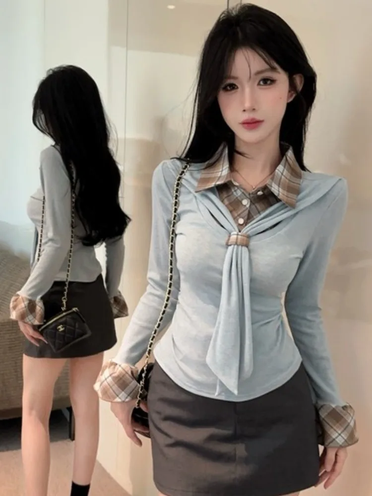Sweet Spotted Color Block Plaid Long Sleeve T-Shirt Women's Spring Autumn Slim Fit Collar up Top French Style Bell Sleeve
Sweet Spotted Color Block Plaid Long Sleeve T-Shirt Women's Spring Autumn Slim Fit Collar up Top French Style Bell Sleeve