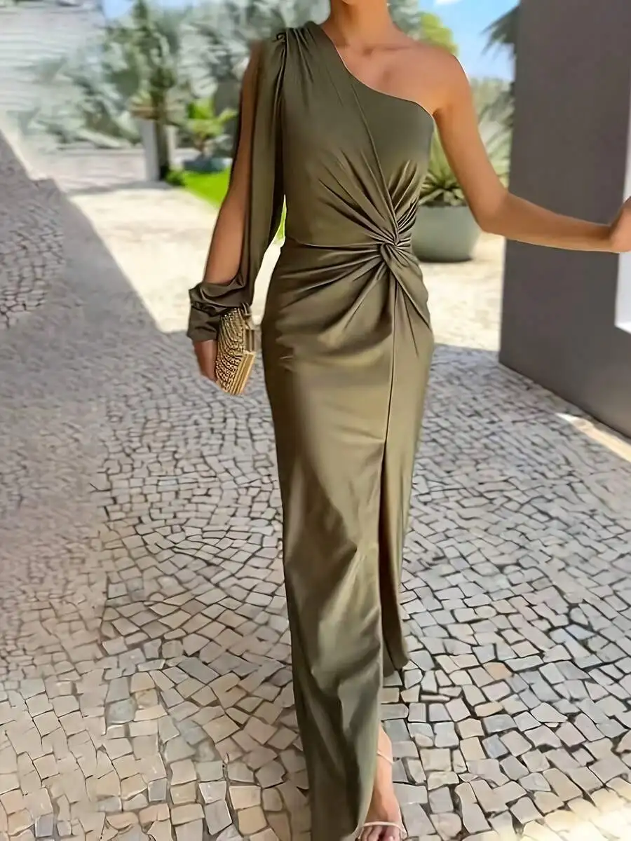 Elegant Olive Green One Shoulder Maxi Dress With Twist Detail And Slit Hem For Parties
Elegant Olive Green One Shoulder Maxi Dress With Twist Detail And Slit Hem For Parties