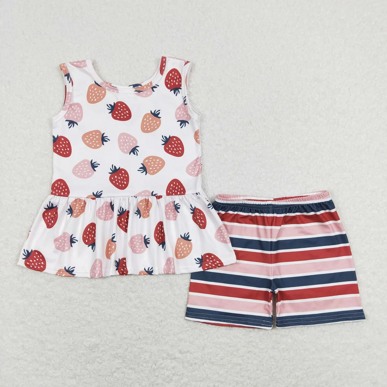 

Wholesale Infant Strawberry Clothes Baby Girl Summer Sleeveless Tunic Tops Stripes Shorts Toddler Outfit Kids Children Set