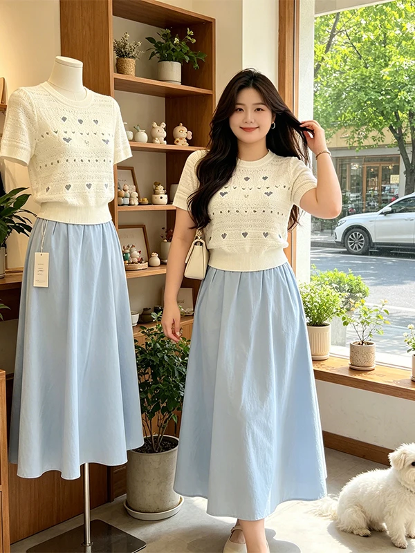 Summer New Korean Style plus Size Women's Set Gentle Heart Pattern Knitted Top A-Line Skirt Two-Piece Set Casual Wear
Summer New Korean Style plus Size Women's Set Gentle Heart Pattern Knitted Top A-Line Skirt Two-Piece Set Casual Wear