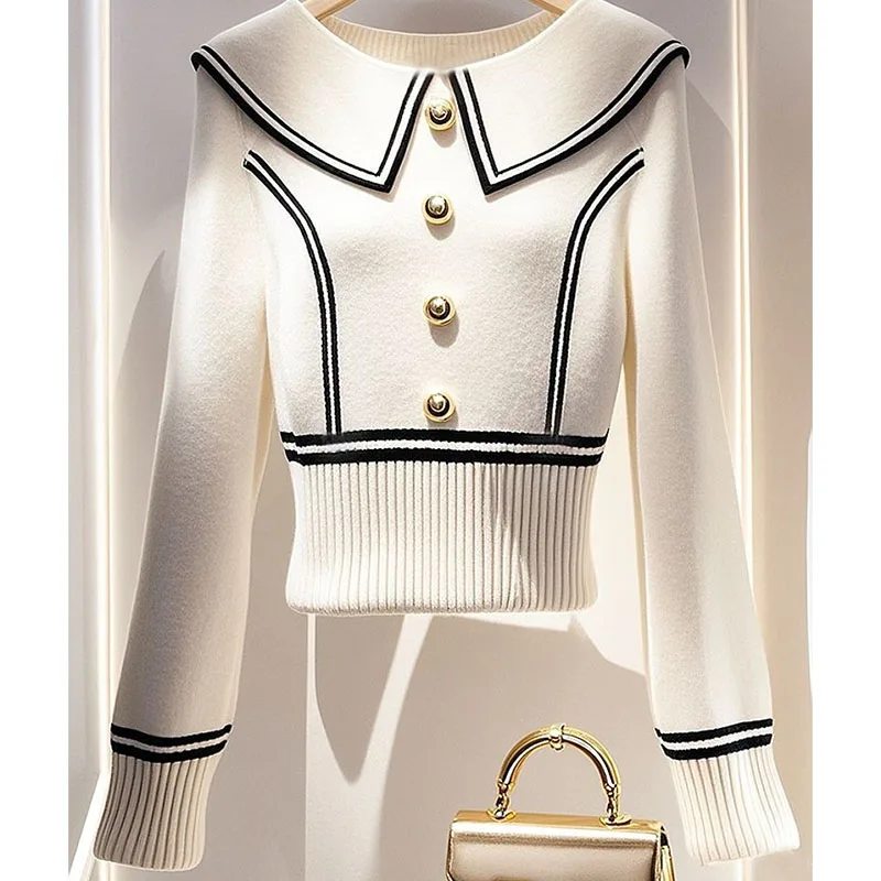 Women Clothing Vintage Simple Elastic Slim Knitted Pullovers Autumn Winter Fashion Solid Chic Button Doll Collar Sweaters
Women Clothing Vintage Simple Elastic Slim Knitted Pullovers Autumn Winter Fashion Solid Chic Button Doll Collar Sweaters