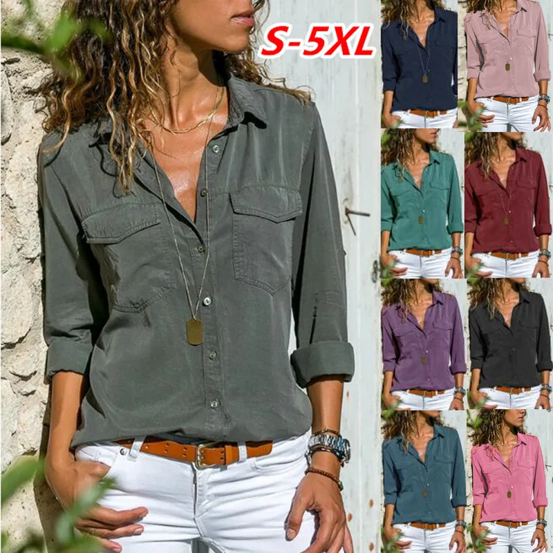Womens Fashion V Neck Shirts Long Sleeve Tops Pockets Design Blusas Turn Down Collar Shirts Solid Colors Femininas
Womens Fashion V Neck Shirts Long Sleeve Tops Pockets Design Blusas Turn Down Collar Shirts Solid Colors Femininas