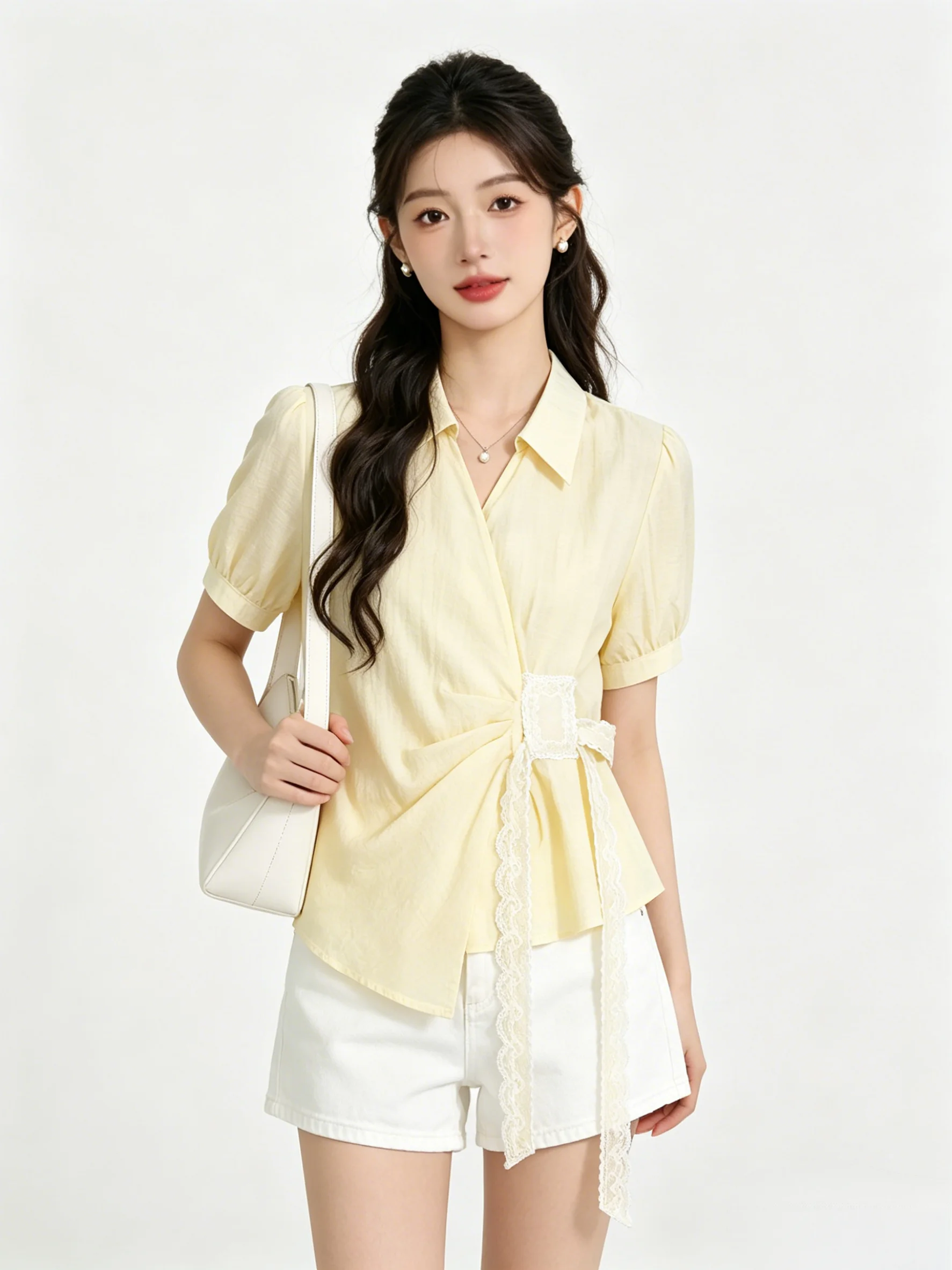 Chic Design Bow Waist Short Sleeve Lace Collar Shirt Korean Style Loose Fit Breathable Summer Top for Young Women
Chic Design Bow Waist Short Sleeve Lace Collar Shirt Korean Style Loose Fit Breathable Summer Top for Young Women