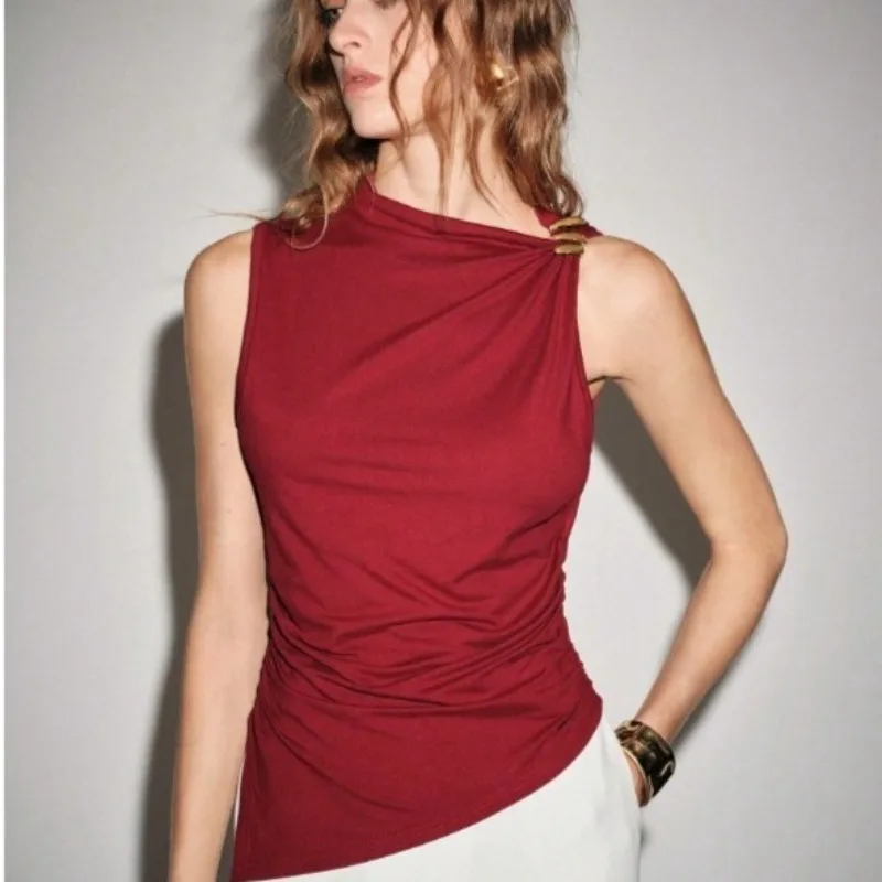 Summer New Arrivals in Stock Simple Elegant Vest Sleeveless Metal Ring Solid Color Thin Shirt Slim Fit Suitable for Commuting
Summer New Arrivals in Stock Simple Elegant Vest Sleeveless Metal Ring Solid Color Thin Shirt Slim Fit Suitable for Commuting