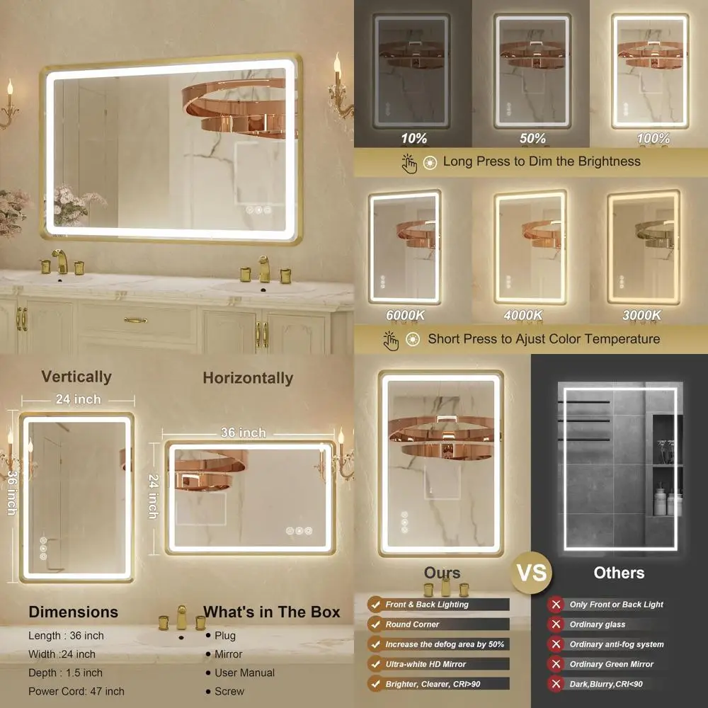 24x36 Inch Gold Framed LED Backlit Vanity Mirror with Step Dimmable, 3 Color Options, Memory Function, Waterproof
24x36 Inch Gold Framed LED Backlit Vanity Mirror with Step Dimmable, 3 Color Options, Memory Function, Waterproof