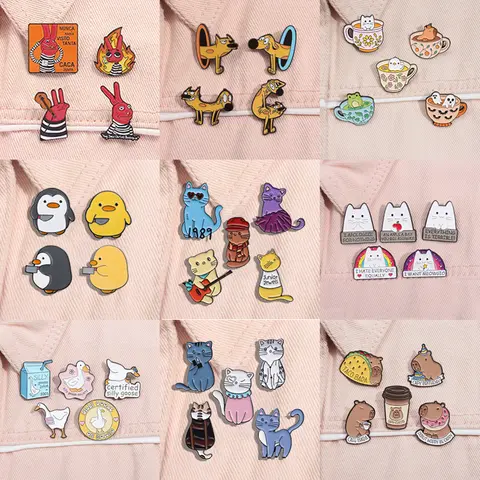 4-10 teile/satz Nette Tier Sammlung Emaille Pins Cartoon Rotes Kaninchen Musik Katze Dumme Gans Brosche Revers Abzeichen Freunde schmuck Geschenke