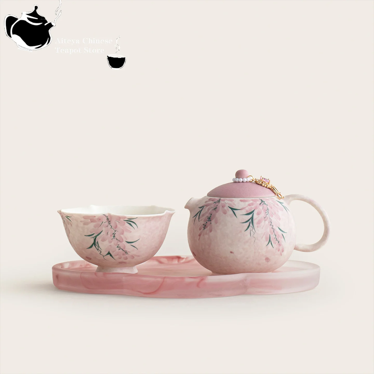 Chinese tea set with underglaze color hand-painted powder mist purple wisteria flowers, Xishi teapot with tray, Kung Fu tea set
Chinese tea set with underglaze color hand-painted powder mist purple wisteria flowers, Xishi teapot with tray, Kung Fu tea set