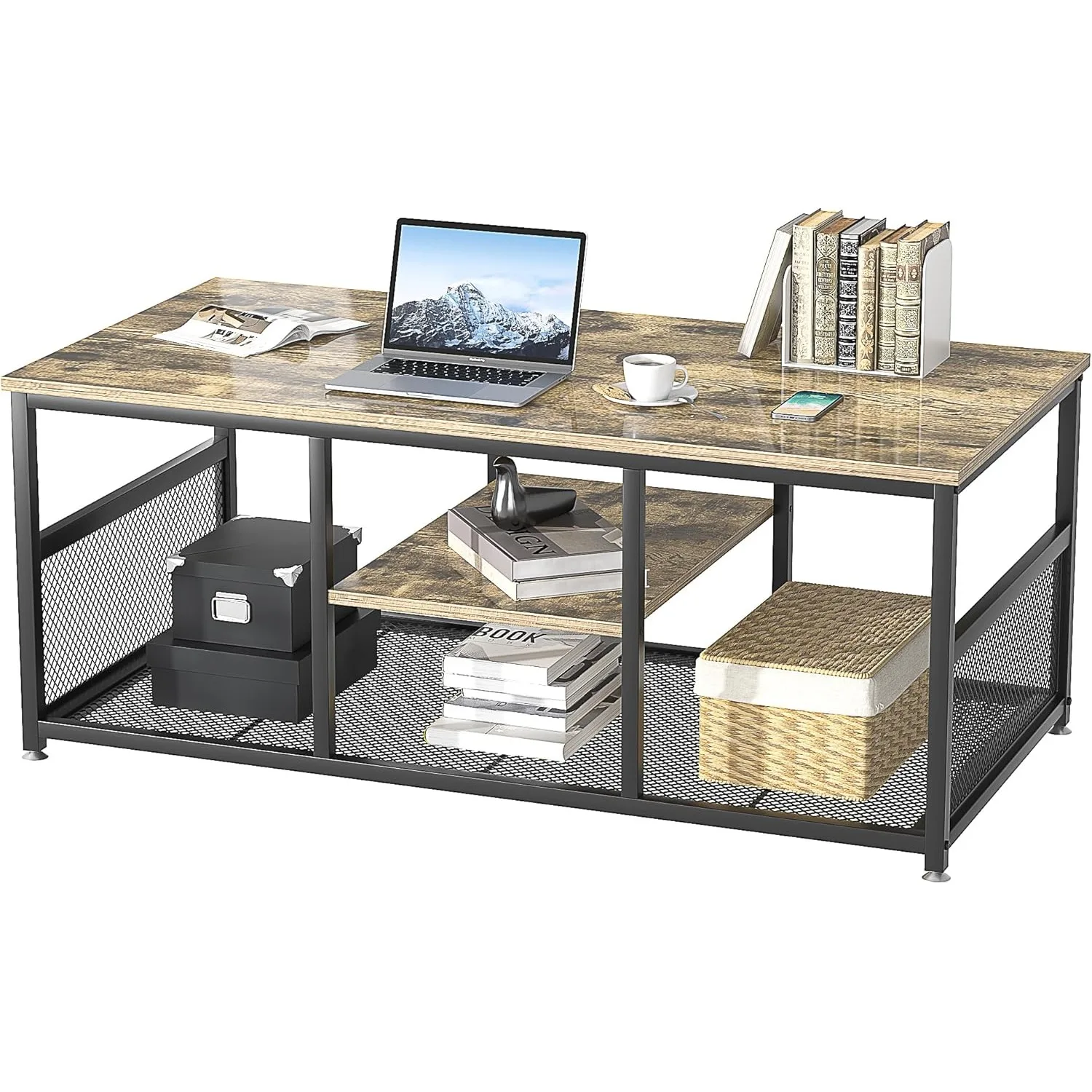 Coffee Center Table with Storage for Living Room Office Reception, Industrial Mesh Shelf, 39.4 Inch, Grey
Coffee Center Table with Storage for Living Room Office Reception, Industrial Mesh Shelf, 39.4 Inch, Grey
