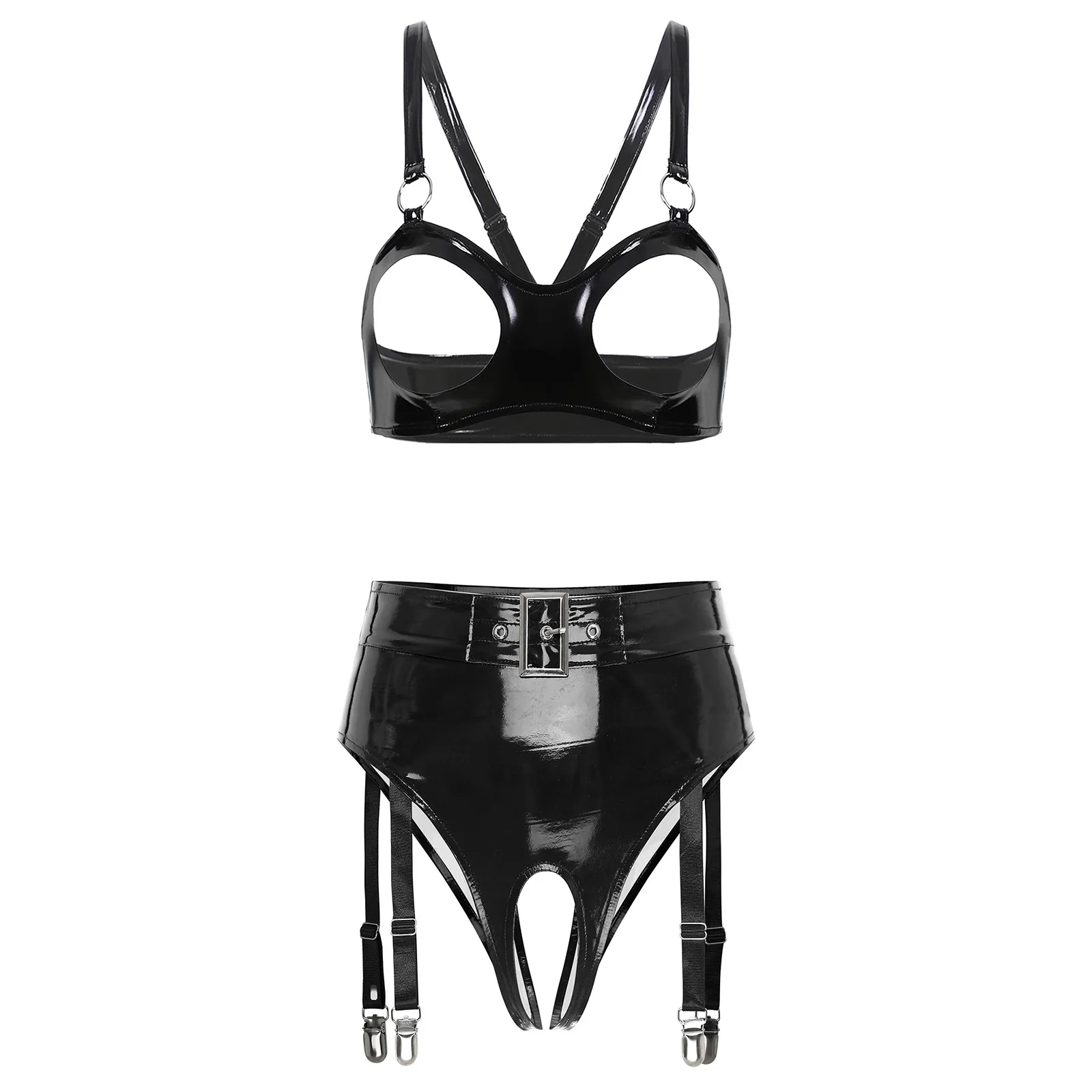 Women Wet Look PU Leather Clubwear Open Cup Wire-free O-ring Bra Top and Built-in Thongs Ruffled Miniskirt with Garter Clips
Women Wet Look PU Leather Clubwear Open Cup Wire-free O-ring Bra Top and Built-in Thongs Ruffled Miniskirt with Garter Clips