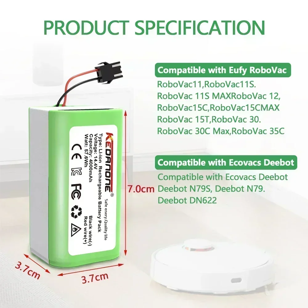 14.4V 4.0Ah Li-ion battery for Cecotec Conga Excellence 950 990 1090 Ecovacs Deebot DN621 601/605 Eufy RoboVac 35C Panda i7 V710
14.4V 4.0Ah Li-ion battery for Cecotec Conga Excellence 950 990 1090 Ecovacs Deebot DN621 601/605 Eufy RoboVac 35C Panda i7 V710