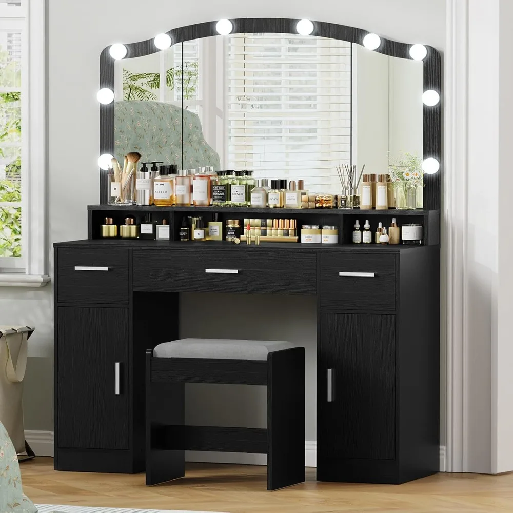 Makeup Vanity with Lights, with 3 Drawers, 2 Cabinets & Long Storage Shelf, 10 Led Lights, Dressing Vanity Table with Stool
Makeup Vanity with Lights, with 3 Drawers, 2 Cabinets & Long Storage Shelf, 10 Led Lights, Dressing Vanity Table with Stool