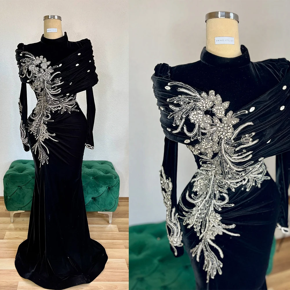 Blac Velvet Mermaid Evening Dresses Long Sleeves Mermaid Crystals Appliques Islamic Formal Wedding Party Gowns Customized
Blac Velvet Mermaid Evening Dresses Long Sleeves Mermaid Crystals Appliques Islamic Formal Wedding Party Gowns Customized