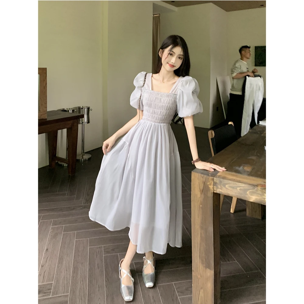Women Summer Grey Chiffon Dress Square Collar Puff Sleeve Slim A-Line Long Vestidos Female Casual Commute Frocks
Women Summer Grey Chiffon Dress Square Collar Puff Sleeve Slim A-Line Long Vestidos Female Casual Commute Frocks