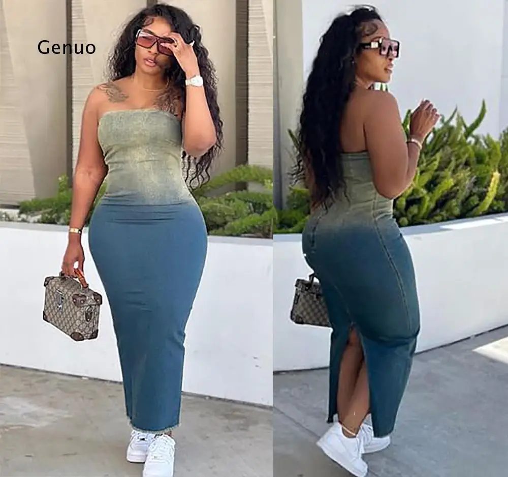 2026 Gradient Wash Strapless Denim Maxi Dress with Back Slit High Waist Bodycon Stretch Fabric for Women Night Out
2026 Gradient Wash Strapless Denim Maxi Dress with Back Slit High Waist Bodycon Stretch Fabric for Women Night Out