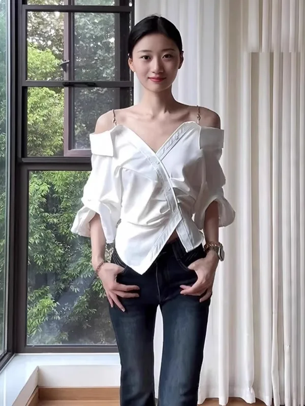 Женская блузка больших размеров с одним открытым плечом, однотонная, в корейском стиле, приталенная, с длинным рукавом, для повседневной носки, на раннюю осень
Женская блузка больших размеров с одним открытым плечом, однотонная, в корейском стиле, приталенная, с длинным рукавом, для повседневной носки, на раннюю осень