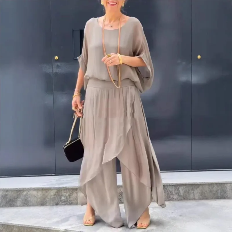 Elegant Fashion Chiffon Two-Piece Set Women's Loose Comfortable Crew-neck Top Split Irregular Wide-leg Pants Spring Summer Suits
Elegant Fashion Chiffon Two-Piece Set Women's Loose Comfortable Crew-neck Top Split Irregular Wide-leg Pants Spring Summer Suits