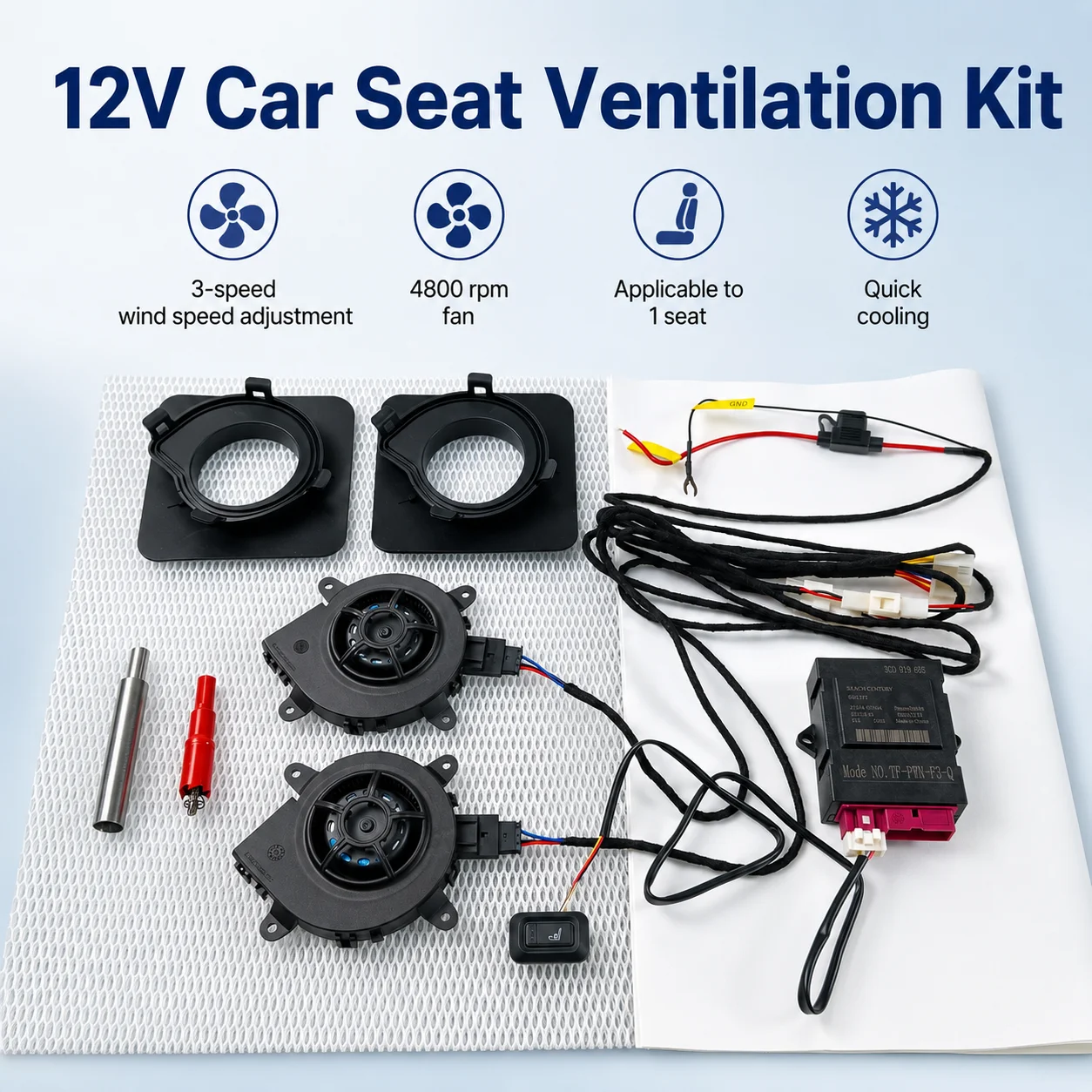 12V car seat ventilation kit with 3-level adjustment, equipped with switch and wiring, quick cooling, suitable for 1 seat
12V car seat ventilation kit with 3-level adjustment, equipped with switch and wiring, quick cooling, suitable for 1 seat