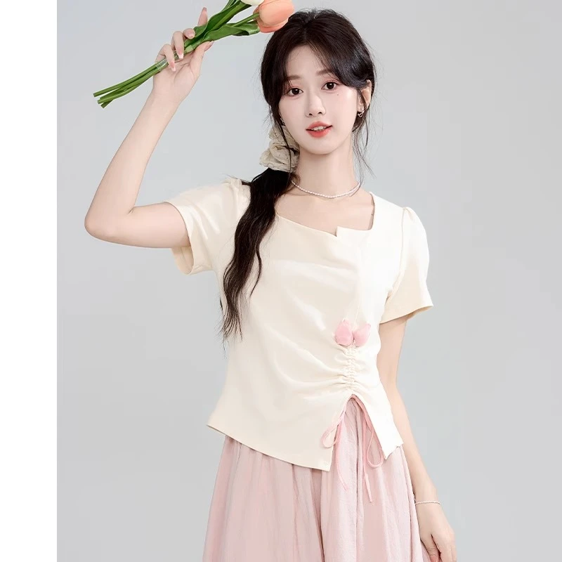 Summer 2026 Women's Sweet Square Collar Short Sleeve T-Shirt Asymmetric Pure Cotton Top Korean Style Commute Fashion
Summer 2026 Women's Sweet Square Collar Short Sleeve T-Shirt Asymmetric Pure Cotton Top Korean Style Commute Fashion