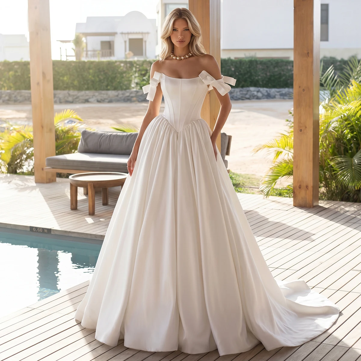 Classic Satin Off Shoulder Ball Gown Wedding Dress For Bride Pleated Bridal Party Gown With Bow Long Vestidos Novia
Classic Satin Off Shoulder Ball Gown Wedding Dress For Bride Pleated Bridal Party Gown With Bow Long Vestidos Novia