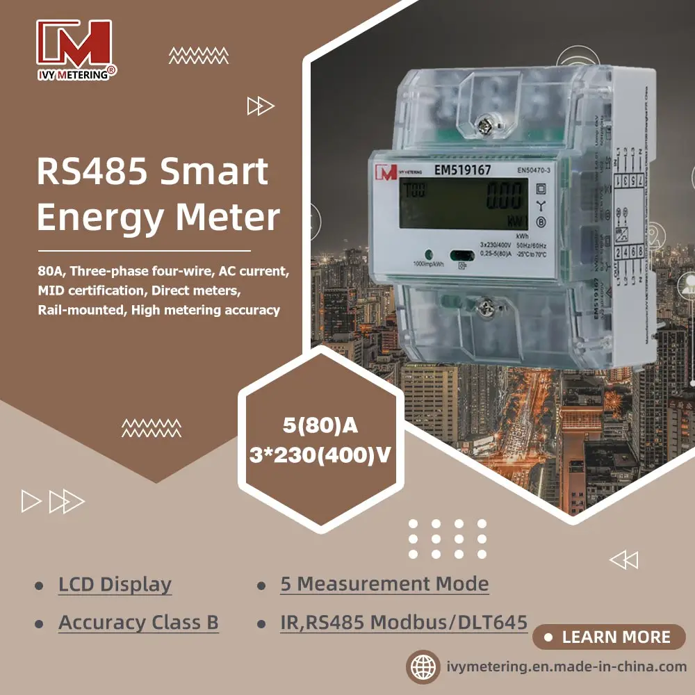 EM519167~EM519173 Series Three Phase MID Energy Meter, 80A DIN Rail, Multifunctional, LCD Display, RS485/IR Communication Option
EM519167~EM519173 Series Three Phase MID Energy Meter, 80A DIN Rail, Multifunctional, LCD Display, RS485/IR Communication Option