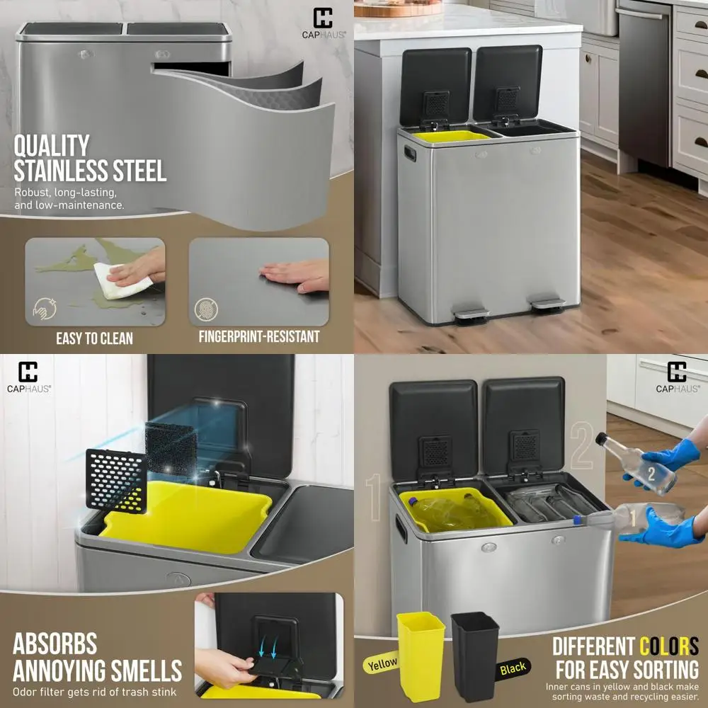 Hands-Free Stainless Steel Dual Trash Can, 30L Kitchen Waste & Recycle Bin Combo with Hinged Lid and Odor Filters
Hands-Free Stainless Steel Dual Trash Can, 30L Kitchen Waste & Recycle Bin Combo with Hinged Lid and Odor Filters