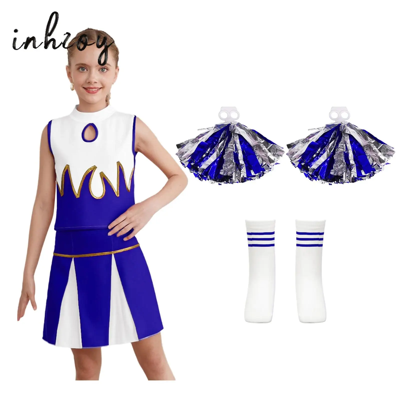 Kids Girls Cheerleading Dance Costume Sleeveless Crop Top Shirt with Built-in Briefs Pleated Skirt+2Pcs Flower Balls+Socks Set
Kids Girls Cheerleading Dance Costume Sleeveless Crop Top Shirt with Built-in Briefs Pleated Skirt+2Pcs Flower Balls+Socks Set