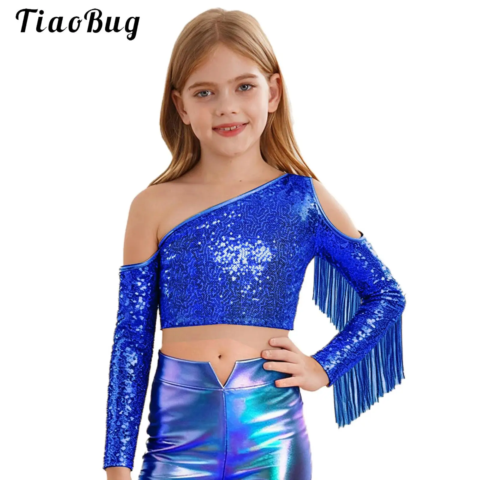 Kids Girls Salsa Cha-Cha Latin Dance Top Tassels Shiny Sequins One Shoulder Long Sleeve Crop Tops Moden Jazz Performance Costume
Kids Girls Salsa Cha-Cha Latin Dance Top Tassels Shiny Sequins One Shoulder Long Sleeve Crop Tops Moden Jazz Performance Costume
