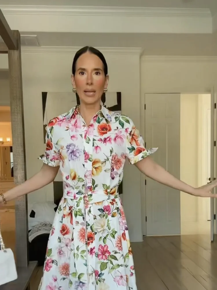 Womens Floral Print Midi Shirt Dress Single Breasted Lapel Collar Short-sleeved Lace Up Waist Cincher Dresses Lady Summer Robe
Womens Floral Print Midi Shirt Dress Single Breasted Lapel Collar Short-sleeved Lace Up Waist Cincher Dresses Lady Summer Robe