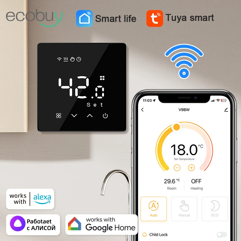 Tuya умный Wi-Fi комнатный термостат для котла, батарея, термостат для подогрева, Wi-Fi, настенный термостат, регулятор температуры Alexa Google
Tuya умный Wi-Fi комнатный термостат для котла, батарея, термостат для подогрева, Wi-Fi, настенный термостат, регулятор температуры Alexa Google