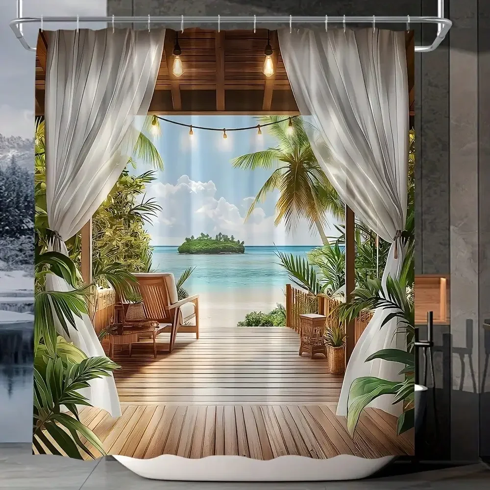 1pc Tropical Beach Cabana Scenery Shower Curtain With Palm Trees, Blue Sky And Island View Polyester Fabric With 12 Hooks, 60x72 Inch, Stylish Bathroom Decor For Modern Homes, Shower Privacy | Artistic Design | Smooth Texture
1pc Tropical Beach Cabana Scenery Shower Curtain With Palm Trees, Blue Sky And Island View Polyester Fabric With 12 Hooks, 60x72 Inch, Stylish Bathroom Decor For Modern Homes, Shower Privacy | Artistic Design | Smooth Texture