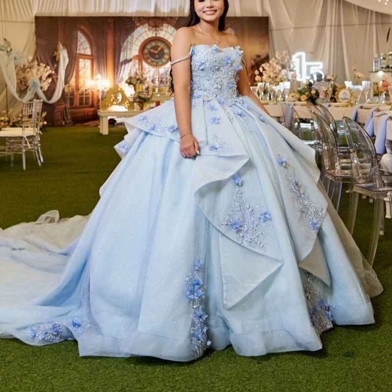 Sky Blue Shiny Quinceanera Dresses Off The Shoulder Applique Flower Beads Tull Corset Party Birthday Sweet 16 Dress Vestidos 15
Sky Blue Shiny Quinceanera Dresses Off The Shoulder Applique Flower Beads Tull Corset Party Birthday Sweet 16 Dress Vestidos 15