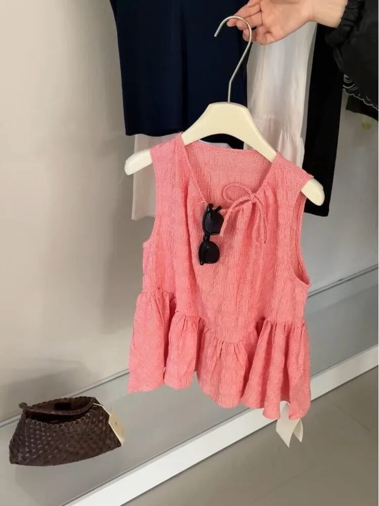 Sweet Pink Plaid Sleeveless Vest Shirt Women's Summer Loose Age-Defying Doll Shirt Korean Style Cotton Polyester Blend
Sweet Pink Plaid Sleeveless Vest Shirt Women's Summer Loose Age-Defying Doll Shirt Korean Style Cotton Polyester Blend