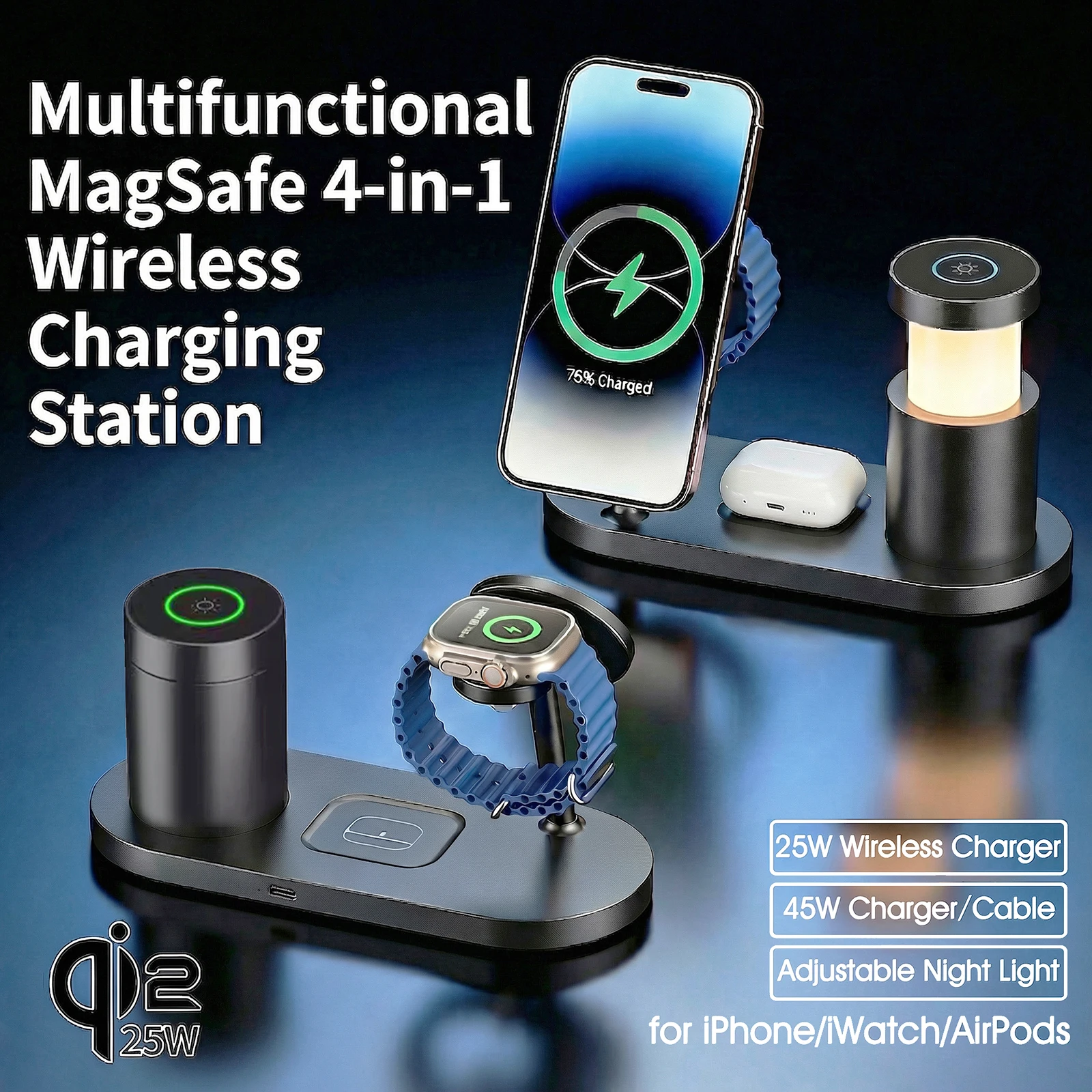 Qi2.2 25W Wireless Magnetic Charger 4 in 1 Multi-functional Fast Charging Station With Night Light for iPhone iWatch Airpods
Qi2.2 25W Wireless Magnetic Charger 4 in 1 Multi-functional Fast Charging Station With Night Light for iPhone iWatch Airpods