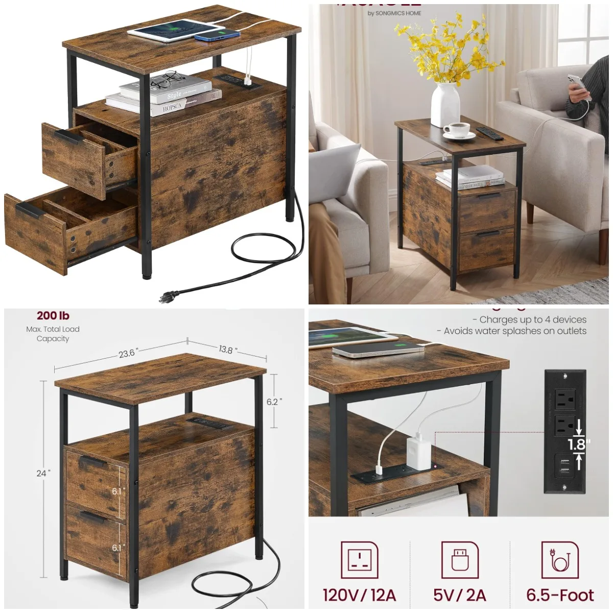 Slim Nightstand with Charging Station, 2 Drawers, Rustic Brown & Ink Black, Narrow Bedside Table for Small Spaces
Slim Nightstand with Charging Station, 2 Drawers, Rustic Brown & Ink Black, Narrow Bedside Table for Small Spaces