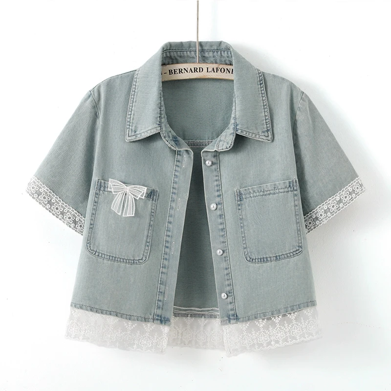 Light Blue Slim Thin Short Denim Jacket Summer Women Fashion Lace Bow Patchwork Lapel Short Sleeve Jeans Jacket Coat Veste Femme
Light Blue Slim Thin Short Denim Jacket Summer Women Fashion Lace Bow Patchwork Lapel Short Sleeve Jeans Jacket Coat Veste Femme