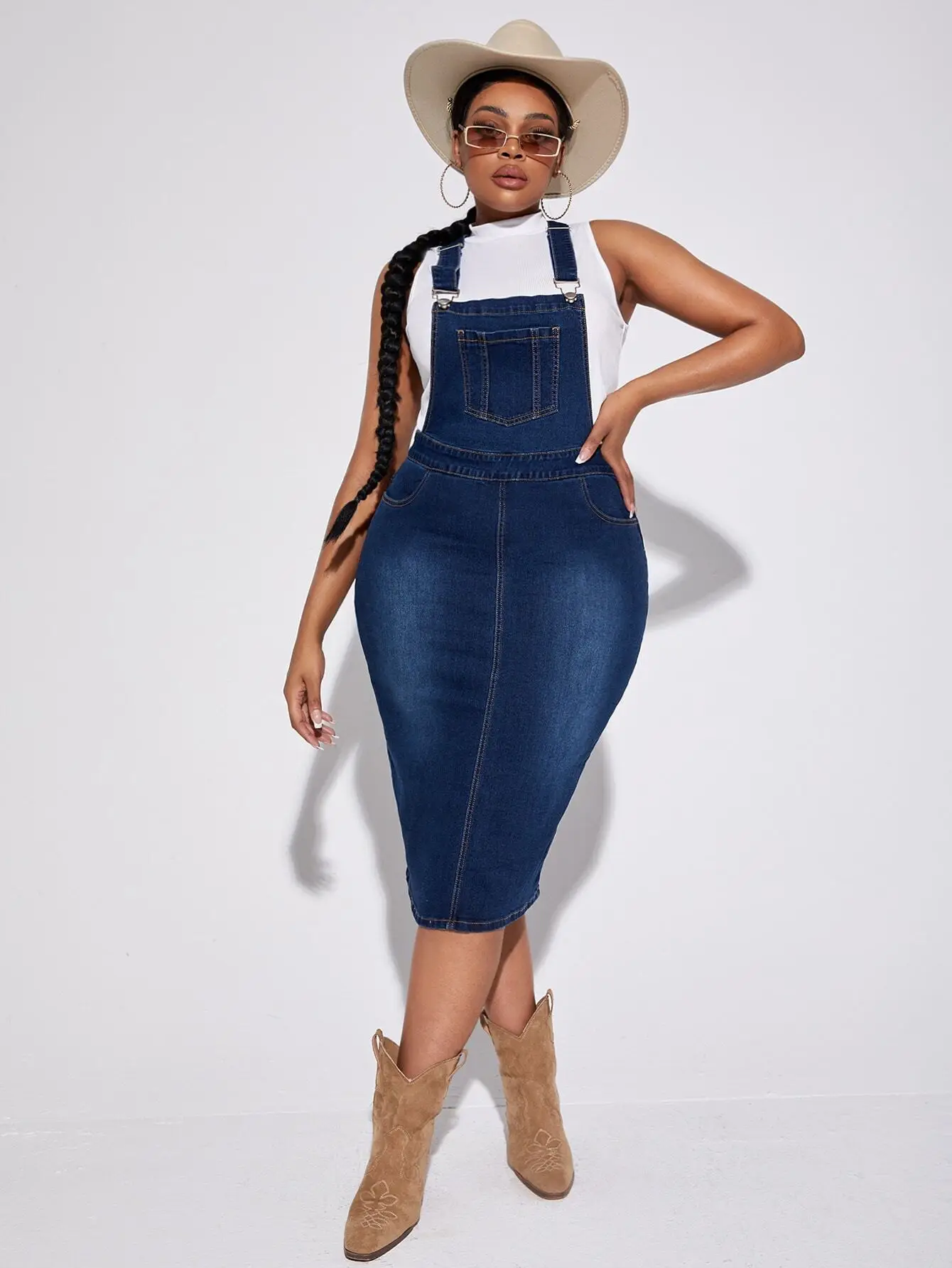 Plus Size Denim Bib Overall Skirt with Patch Pocket - High Waist Midi
Plus Size Denim Bib Overall Skirt with Patch Pocket - High Waist Midi