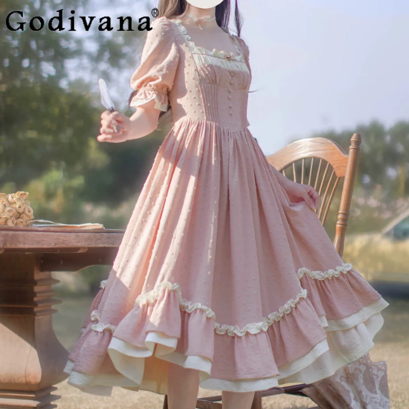 Summer Elegant French Retro Square Neck Short Sleeve Dress Sweet Pink Lolita High Waist A-line Age Reduction Long Dresses Women
Summer Elegant French Retro Square Neck Short Sleeve Dress Sweet Pink Lolita High Waist A-line Age Reduction Long Dresses Women