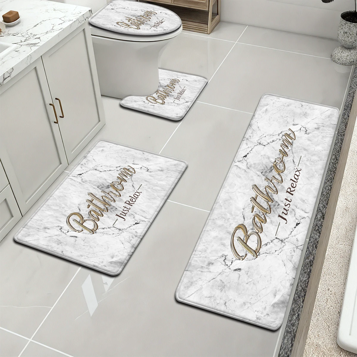 1 Set of White Bathroom Water-absorbing and Non-slip Floor Mat Home Decorative Patterns Printed,Comfortable,Four-pieces
1 Set of White Bathroom Water-absorbing and Non-slip Floor Mat Home Decorative Patterns Printed,Comfortable,Four-pieces