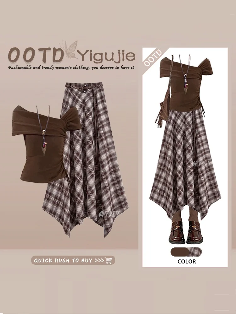 Desert Travel Fashion Set with Shoulder Exposure Tight Top And Plaid Skirt Two-Piece Women's Clothing Summer Outfit
Desert Travel Fashion Set with Shoulder Exposure Tight Top And Plaid Skirt Two-Piece Women's Clothing Summer Outfit