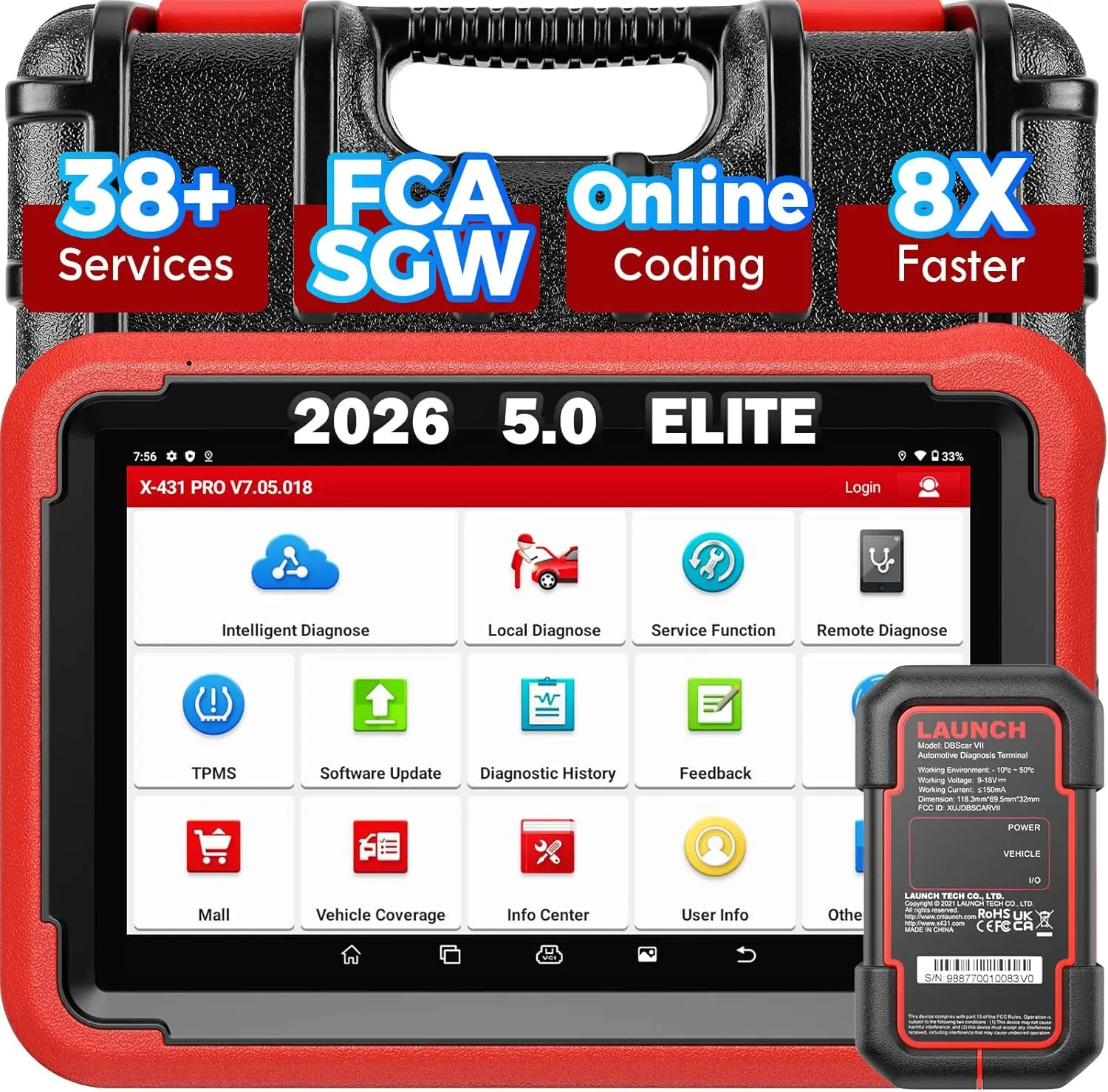 Launch X431 PROS V 5.0 2026 Newly Bidirectional Scan Tool Bluetooth Launch Scanner with DBSCar VII Connector 38+ Reset for All Cars Online ECU Code CANFD FCA AutoAuth VAG Guide 2 Yrs