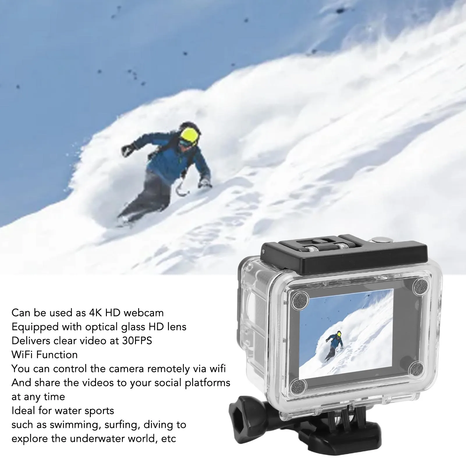 Action Camera 4K HD 98.4ft Waterproof 2.0 Inch Screen WiFi Underwater Sports Camera for Outdoor Diving Helmet WiFi Action Camera
Action Camera 4K HD 98.4ft Waterproof 2.0 Inch Screen WiFi Underwater Sports Camera for Outdoor Diving Helmet WiFi Action Camera