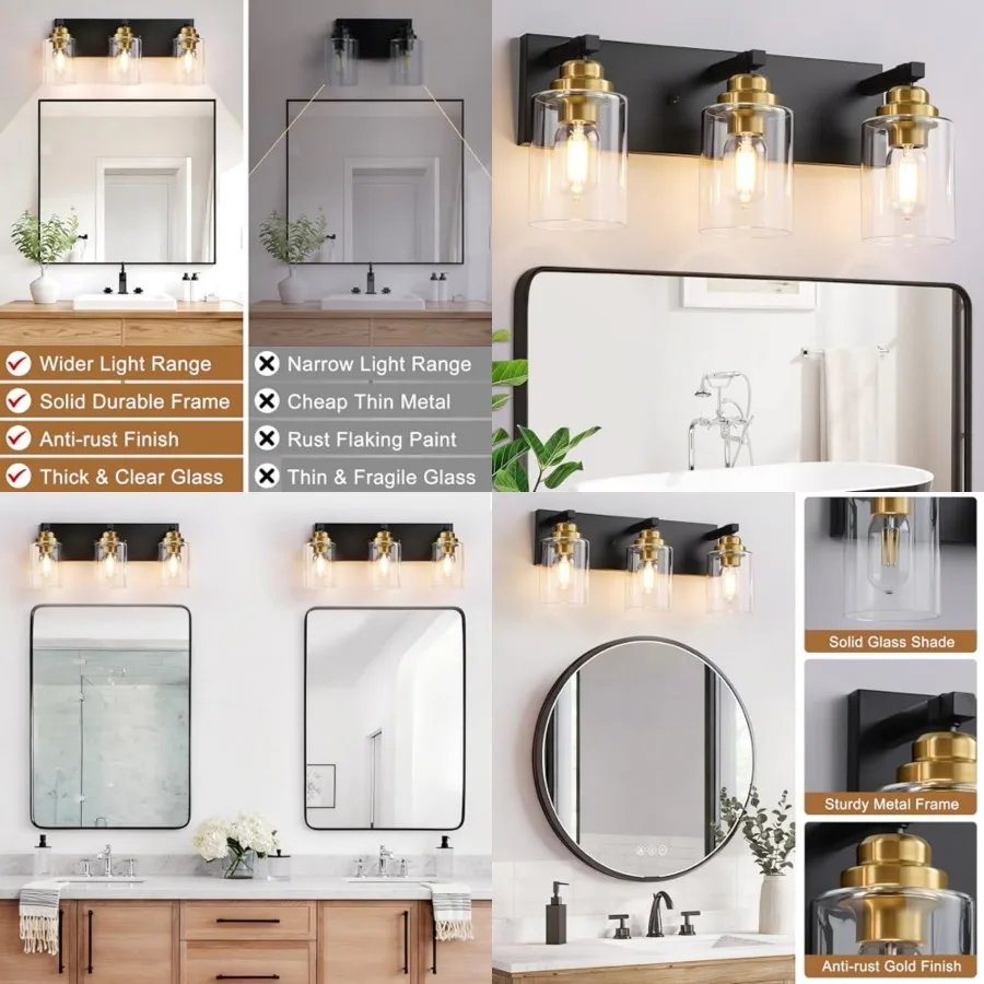 Bathroom Light Fixture, 3 Light Brushed Gold Vanity Light, 18.8" Modern Farmhouse Bathroom Lighting Fixtures Over Mirror, with
Bathroom Light Fixture, 3 Light Brushed Gold Vanity Light, 18.8" Modern Farmhouse Bathroom Lighting Fixtures Over Mirror, with