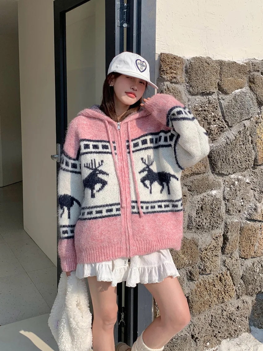 Korean style Color-Block Deer Jacquard Hooded Cardigan, Drawstring Thick Knit Sweater Coat
Korean style Color-Block Deer Jacquard Hooded Cardigan, Drawstring Thick Knit Sweater Coat